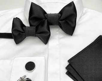 Black Satin Dad and Son Matching Bow tie, Handmade Black Bow tie Set for Adult, Youth, Child, Toddler, Black Satin Father Son Suspenders