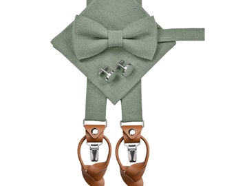 SAGE GREEN herenaccessoires: vlinderdas, bretels met leren uiteinden, manchetknopen, pochet, bretels met clips en leren knoopriemen