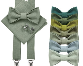 Eucalyptus Green Wedding Bow tie Set: Bow Tie, Cufflinks, Pocket Square, Suspenders, Eucalyptus Groom Bow tie, Eucalyptus Groomsmen Bow tie