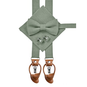 SAGE GREEN man&#39;s accessories: Bow Tie, Suspenders with leather ends, Cufflinks, Pocket Square, Braces with clips and leather button straps