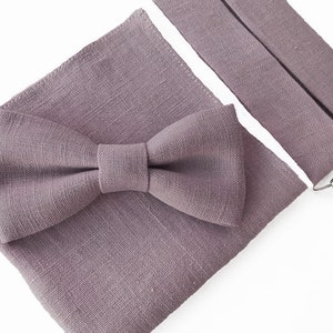 Dusty Purple Set / Dusty Lilac Bow Tie / Dusty Lilac Pocket Square / Bow Suspenders Pochette / Dusty Lilac Custom Suspenders
