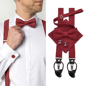 BURGUNDY MEN&#39;S accessories with leather: Burgundy Bow Tie, Cufflinks, Burgundy Pocket Square, Burgundy Suspenders with leather ends