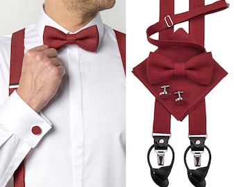 BURGUNDY MEN'S accessories with leather: Burgundy Bow Tie, Cufflinks, Burgundy Pocket Square, Burgundy Suspenders with leather ends