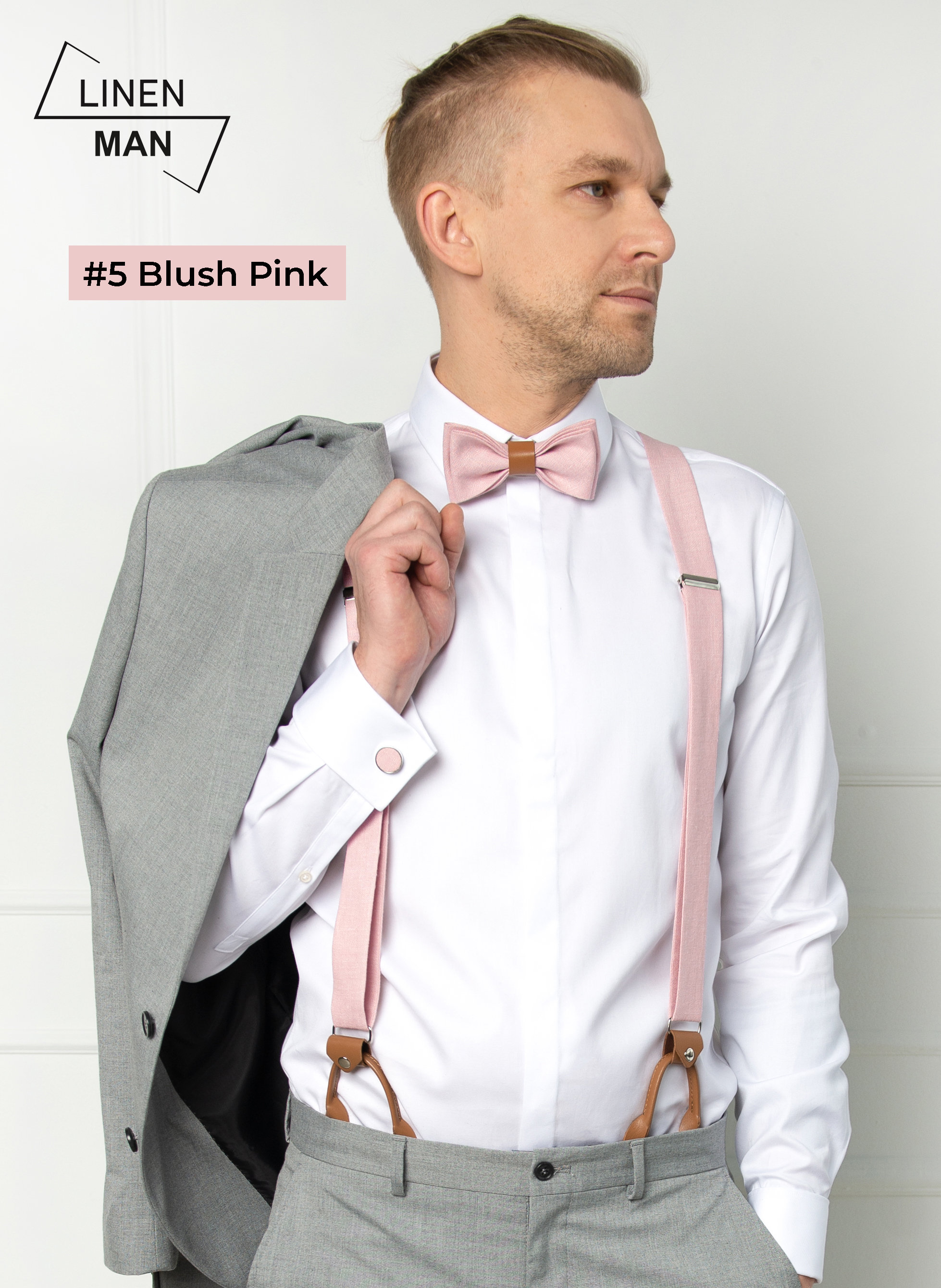 blush pink suspenders and bow tie
