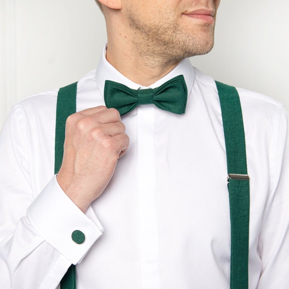Emerald Green Linen Bow Tie / Emerald Green Wedding Bow Tie Set / Emerald  Green Groomsmen Style / Emerald Green Suspenders / Groom Bow Tie - Etsy