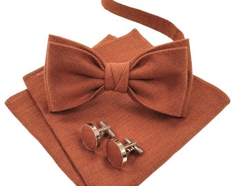Burnt Orange Bow Tie, Burnt Orange Cufflinks, Burnt Orange Pocket Square, Burnt Orange Suspenders, Linen BowTie Set, Burnt Orange Braces