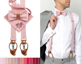 Erröten Rosa Herren Accessoires mit Leder: Erröten Rosa Fliege mit Leder, Manschettenknöpfe, Einstecktuch, Hosenträger mit Lederenden