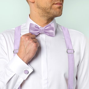 Lilac Satin Bow tie, Lilac Bowtie Set for Groom Groomsmen, Lilac Men&#39;s Wedding accessories, Lilac Bow tie for Tuxedo, Lilac Satin Suspenders