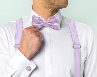 Lilac Satin Bow tie, Lilac Bowtie Set for Groom Groomsmen, Lilac Men's Wedding accessories, Lilac Bow tie for Tuxedo, Lilac Satin Suspenders