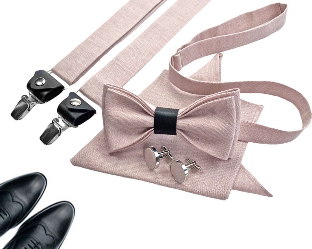 dusty pink bow tie and suspenders