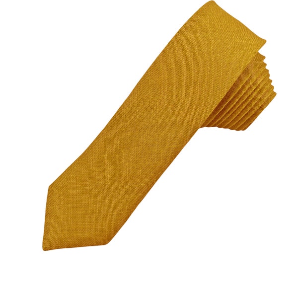 Mustard Skinny Tie / Mustard Linen Skinny Necktie / Mustard Linen Cufflinks / Mustard Linen Suspenders / Mustard Wedding Tie Set
