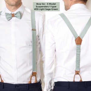 The front-view model wears a light sage green color bow tie with leather and light sage green suspenders with light brown leather for buttons. On the right, the model from the back wears the same Y-type suspenders with light brown leather details.