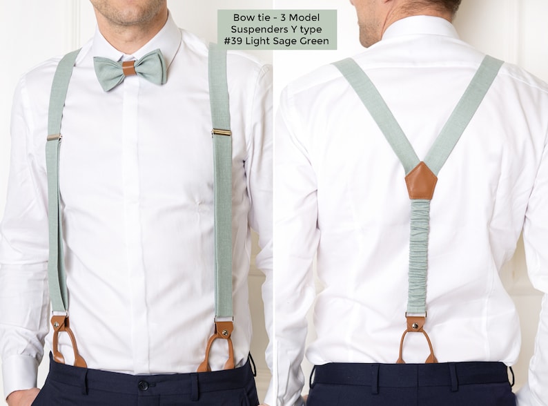 The front-view model wears a light sage green color bow tie with leather and light sage green suspenders with light brown leather for buttons. On the right, the model from the back wears the same Y-type suspenders with light brown leather details.