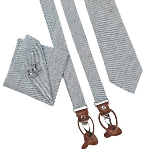 White Blue Striped Men Necktie Set: Regular Tie, Slim Tie, Skinny Tie, Suspenders with Leather ends, Cufflinks, Pocket square, Groomsmen Tie