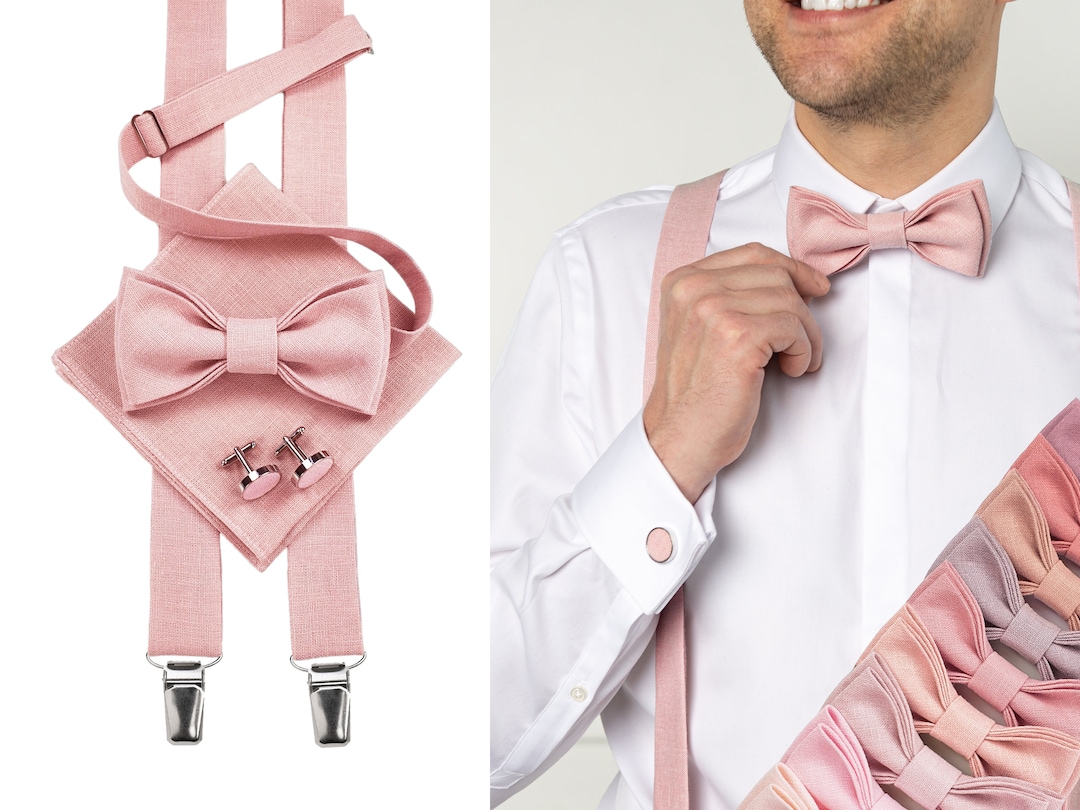 blush pink bow tie and suspenders