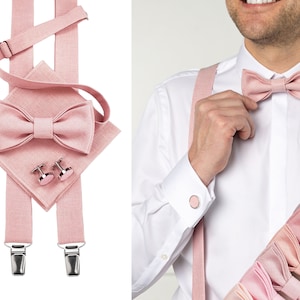 Blush Pink Bow Tie / Blush Pink Suspenders / Blush Pink Cufflinks / Blush Pink Pocket Square / Blush Pink Wedding Bow Tie Set