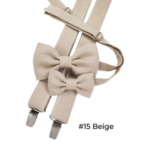 Beige color linen kids' bow ties in different sizes. And beige color linen suspenders.