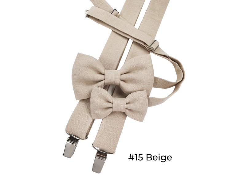 Beige color linen kids' bow ties in different sizes. And beige color linen suspenders.