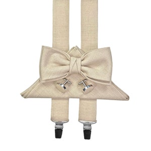 Beige Linen Bow Tie / Sandy Bow Tie / Beige Linen Cufflinks / Beige Suspenders / Beige Pocket Square image 2
