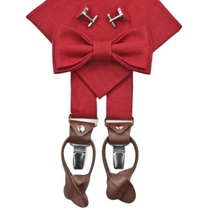 RED ACCESSORIES for him:  Red linen Bow Tie, Red linen Cufflinks, Red linen Pocket Square, Red linen Suspenders with leather ends