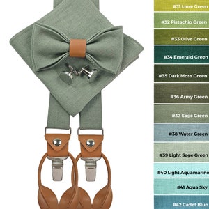 SAGE GREEN men&#39;s accessories with leather details: Sage Green Bow tie, Cufflinks, Pocket Square, Sage Green Suspenders with Leather ends