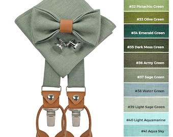 SAGE GREEN herenaccessoires met leren details: Saliegroene vlinderdas, manchetknopen, pochet, saliegroene bretels met leren uiteinden