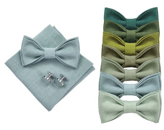 Water Green Bow Tie, Water Green Cufflink, Water Green Pocket Square, Water Green Suspenders, Linen Water Green Wedding Bow Tie Set