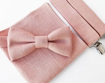 Pale Pink Bow Tie / Pale Pink Linen Bowtie / Pale Pink Pocket Square / Bow Suspenders Pochette / Pale Pink Custom Suspenders