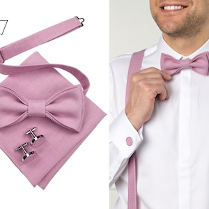 Pink Lavender Bow Tie, Pink Lavender Cufflinks, Pink Lavender Pocket Square, Pink Lavender Suspenders, Pink Lavender Wedding Bow Tie Set