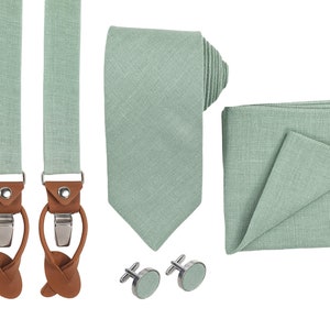 Light Sage Green Regular Tie, Slim Tie, Skinny tie, Light Sage Green Suspenders with leather ends, Light Sage Green Cufflinks, Pocket Square