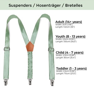 Light sage green satin suspenders for weddings. Sage green satin suspenders in child and adult sizes.