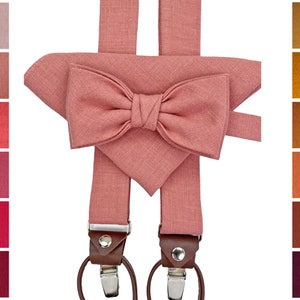SALMON BOW tie set with leather details: Bow Tie, Salmon Cufflinks,  Salmon Pocket Square, Suspenders with leather, Braces with leather