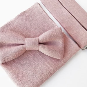 Dusty Pink Linen Bow Tie / Dusty Rose Linen Bowtie / Dusty Rose Pocket Square / Bow Suspenders Pochette / Dusty Rose Cufflinks