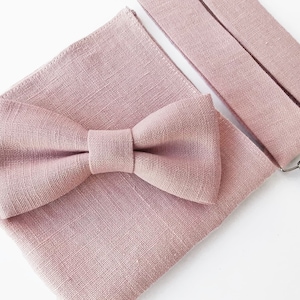 Dusty Pink Linen Bow Tie / Dusty Rose Linen Bowtie / Dusty Rose Pocket Square / Bow Suspenders Pochette / Dusty Rose Cufflinks