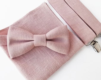 Dusty Pink Linen Bow Tie / Dusty Rose Linen Bowtie / Dusty Rose Pocket Square / Bow Suspenders Pochette / Dusty Rose Cufflinks