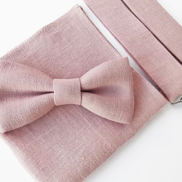 Dusty Pink Linen Bow Tie / Dusty Rose Linen Bowtie / Dusty Rose Pocket Square / Bow Suspenders Pochette / Dusty Rose Cufflinks