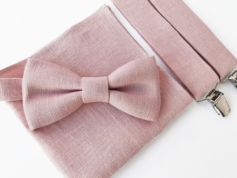 Dusty Pink Linen Bow Tie / Dusty Rose Linen Bowtie / Dusty Rose Pocket Square / Bow Suspenders Pochette / Dusty Rose Cufflinks image 1