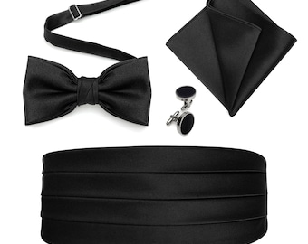 Hochzeit Kummerbund für Erwachsene und Kinder Schwarzem Satin, Kummerbund und Fliege Set für Bräutigam und Trauzeugen, Kummerbund für Jungen