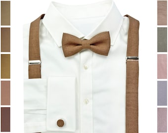 Brown Sugar Linen Bow Tie / Burnt Sugar Linen Bow Tie / Light Brown Suspenders / Cinnamon Suspenders/ Light Brown Cufflinks