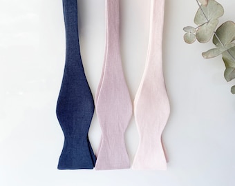 Dusty Rose Self Tie Bow Tie / Blue Groomsmen Self-Tie Bowtie / Linen Suspenders / Wedding Self Tie Bow Tie