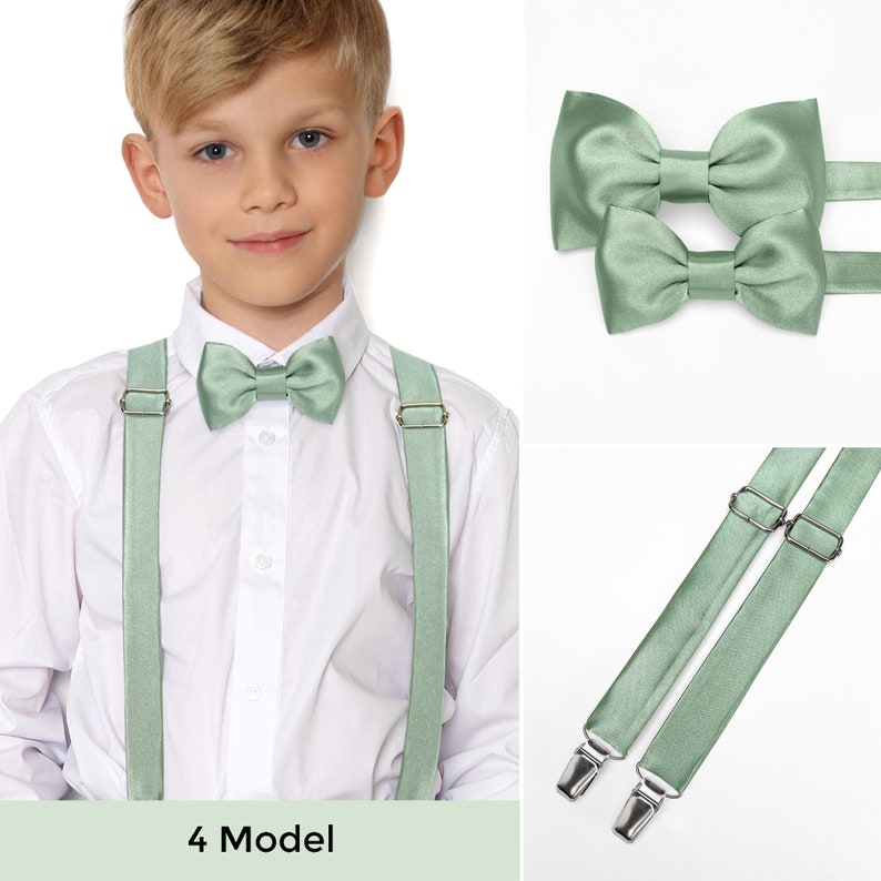 Sage green child size bow tie and suspenders. Light green bow tie and suspenders for kids. Sage green bow tie set for teenagers.