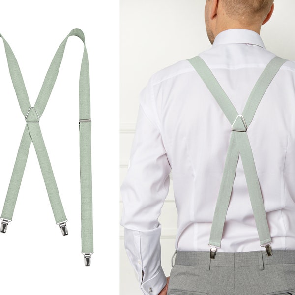 Light Sage Green Suspenders / Light Sage Green Braces / Light Sage Green Linen Bow Tie/ Light Sage Green Groomsmen Bow Tie