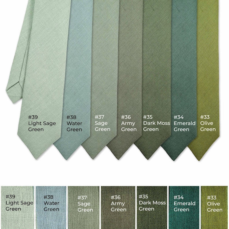 Green colors Neckties. A light green tie, sage green tie, sea glass tie, army green tie, moss green tie, olive green tie, emerald green tie.