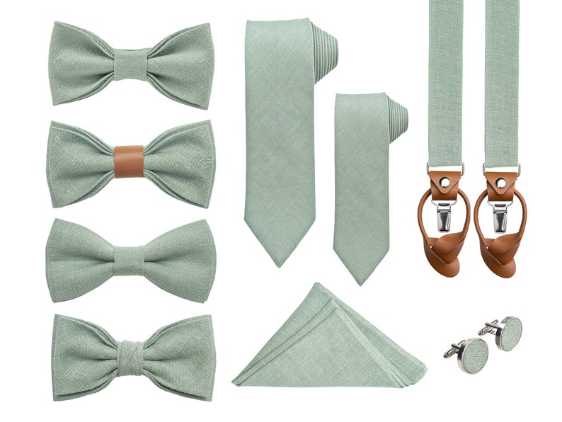 Light Sage green color linen bow ties in various styles, wrapped neckties, the same color cufflinks with light sage green color linen detail in the middle, folded pocket square, universal suspenders with leather for buttons and clips.