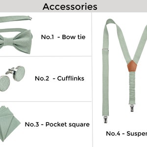 All different accessories are listed by numbers:
No.1 - Bow tie
No.2 - Cufflinks
No.3 - Pocket square
No.4 – Suspenders Y