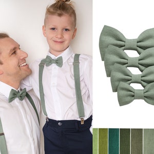 In the photo father and son in white shirts wearing the same model Eucalyptus green color linen bow ties and Eucalyptus green color linen adjustable suspenders with clips.