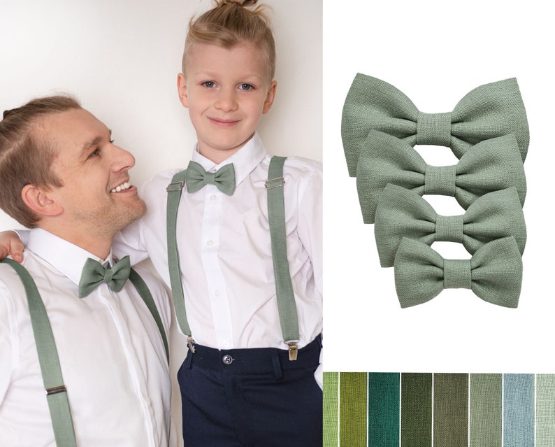 In the photo father and son in white shirts wearing the same model Eucalyptus green color linen bow ties and Eucalyptus green color linen adjustable suspenders with clips.