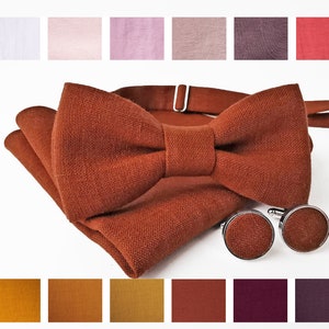 Burnt Orange Linen Bow Tie / Burnt Orange Linen Suspenders / Burnt Orange Linen Pocket Square / Burnt Orange Linen Accessories