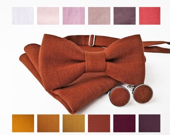 Burnt Orange Linen Bow Tie / Burnt Orange Linen Suspenders / Burnt Orange Linen Pocket Square / Burnt Orange Linen Accessories