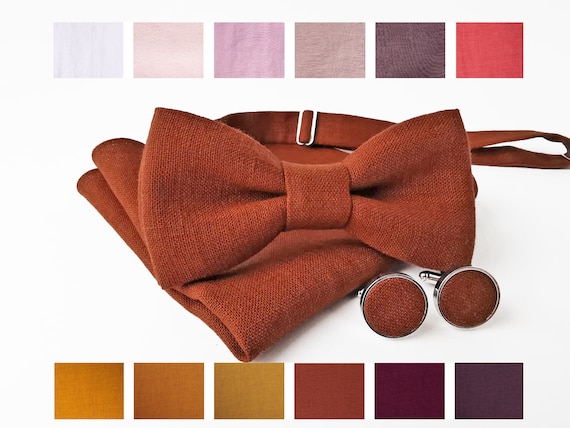 Burnt Orange Linen Bow Tie / Burnt Orange Linen Suspenders / Burnt Orange Linen Pocket Square / Burnt Orange Linen Accessories
